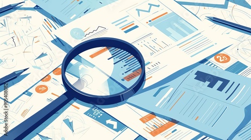 Bank risk evaluation, magnifying glass on documents, flat design illustration photo