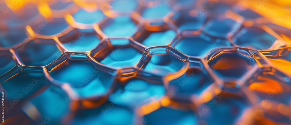 A close-up of a honeycomb structure, with each cell shimmering in shades of blue and orange. The light seems to be refracting through the structure, creating a mesmerizing play of colors and textures. A close-up of a honeycomb structure, with each cell shimmering in shades of blue and orange. The light seems to be refracting through the structure, creating a mesmerizing play of colors and textures.