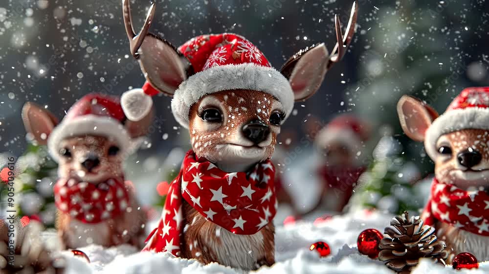 a festive wallpaper featuring cute deer dressed in Santa hats and scarves, christmas decoration tree. seamless looping time-lapse virtual 4k video animation background a festive wallpaper featuring cute deer dressed in Santa hats and scarves, christmas decoration tree. seamless looping time-lapse virtual 4k video animation background