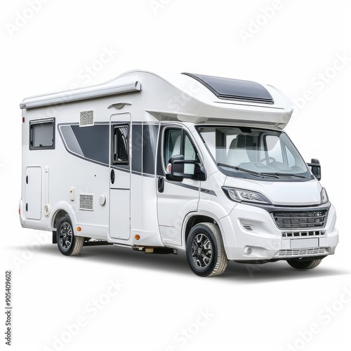 Medium shot of Travel motorhome family car camping truck, isolated on a white background 