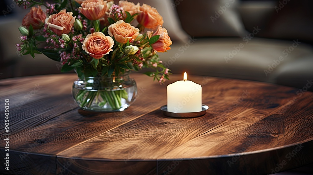 Obraz premium A wooden table top made of sawn wood in the interior of the room on the background of a sofa 