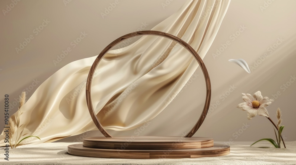 3D display podium, brown background with wood frame pedestal and flying silk cloth curtain. Nature wind. Beauty, cosmetic product presentation stand. Luxury feminine mockup 3d render advertisement 3D display podium, brown background with wood frame pedestal and flying silk cloth curtain. Nature wind. Beauty, cosmetic product presentation stand. Luxury feminine mockup 3d render advertisement