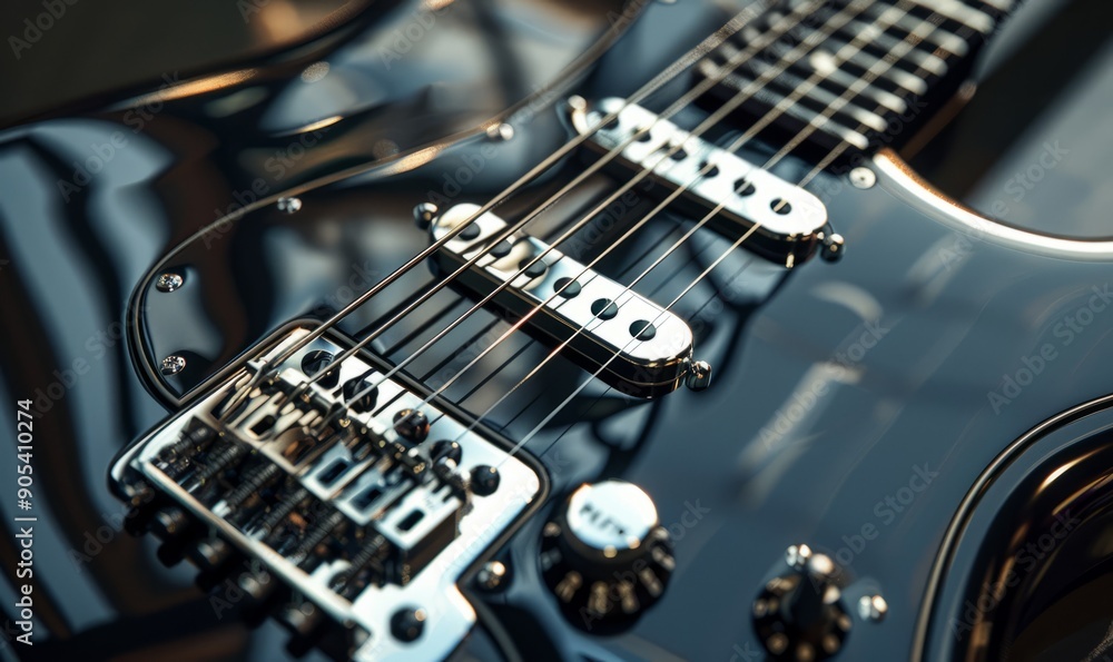 Delve into the dynamic curves of an electric guitar, its sleek body adorned with pickups and knobs, ready to unleash rock 'n' roll power chords Delve into the dynamic curves of an electric guitar, its sleek body adorned with pickups and knobs, ready to unleash rock 'n' roll power chords