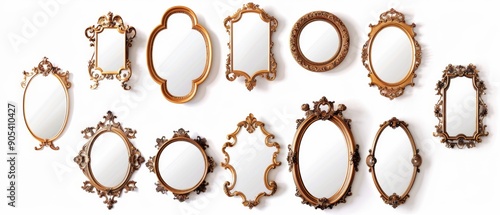 Elegant Collection of Antique Decorative Wall Mirrors Isolated on White Background: Vintage Home Decor Elements for Interior Design and Luxury Furnishing Concepts. High-Resolution Display of Ornate Fr