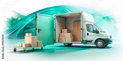 A delivery van with an open back door is loaded with several cartons, while a hand truck is loaded with additional boxes. The background contains abstract teal lines with copy space.AI generated. photo