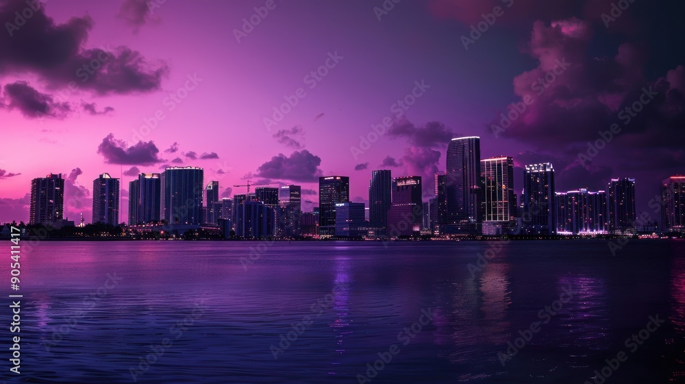 City lights reflecting on waterfront at dusk City lights reflecting on waterfront at dusk