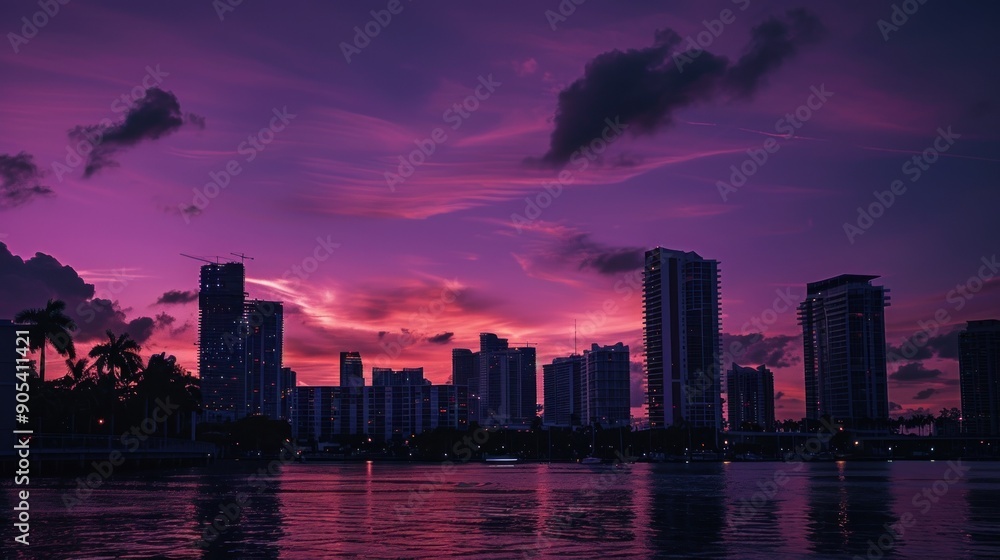 Fototapeta premium City skyline at dusk with vibrant reflections