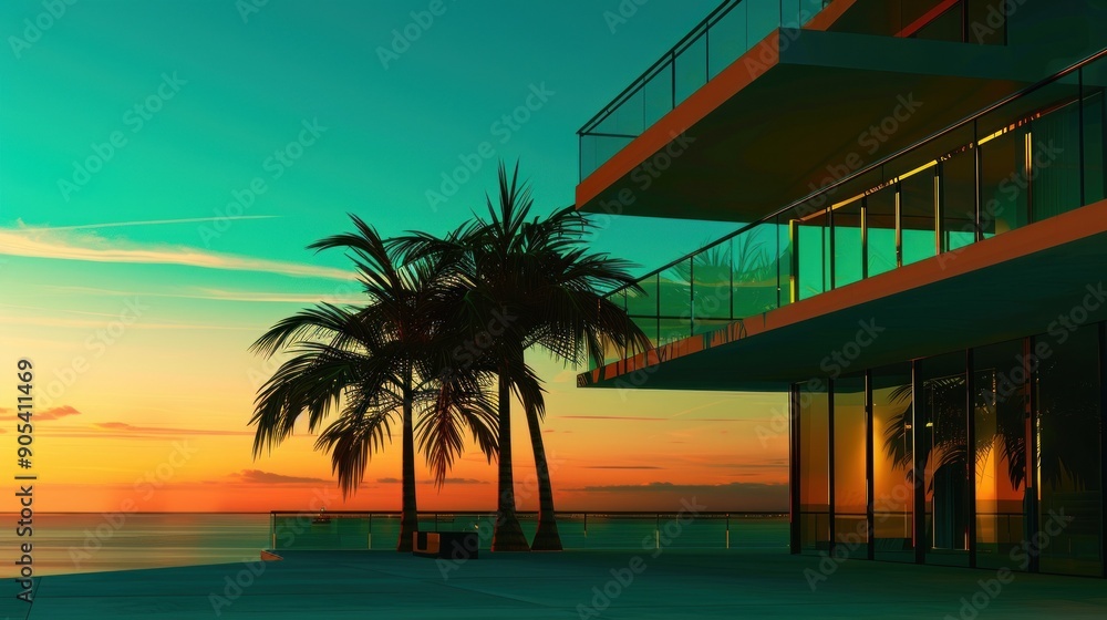 Obraz premium Sunset at the beach with modern buildings and palm trees.