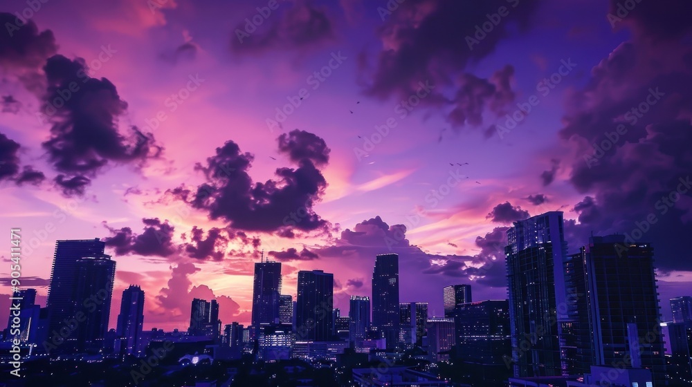 Fototapeta premium Beautiful sunset over the city skyline with clouds