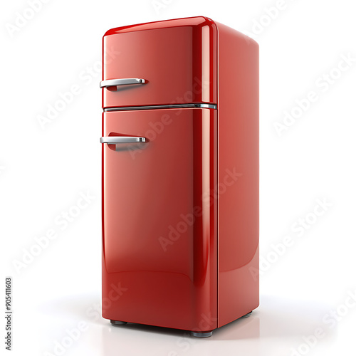 Red color refrigerator on a white background.