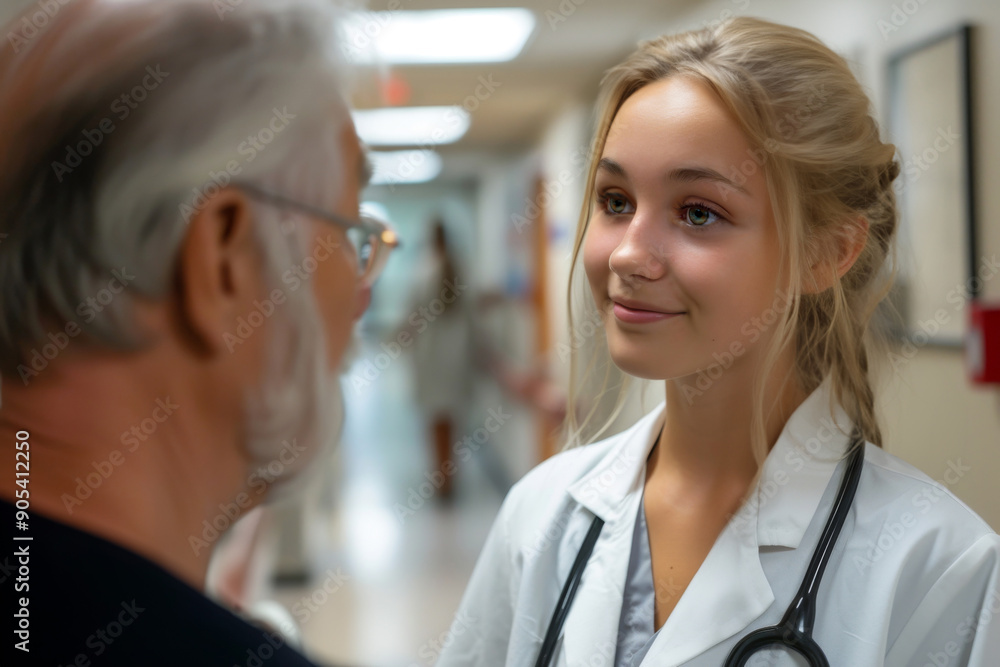 Caring nurse in scrubs warmly interacts with an elderly patient in hospital hallway, showcasing compassion and professionalism symbolizing empathy and trust in healthcare Caring nurse in scrubs warmly interacts with an elderly patient in hospital hallway, showcasing compassion and professionalism symbolizing empathy and trust in healthcare