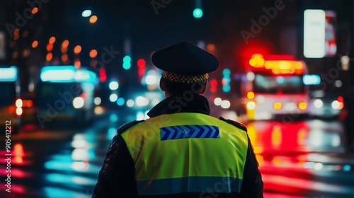 Traffic policeman, cop officer in uniform controlling a road city vehicle transport, standing on a crossroad, intersection. Safety street night patrol, professional service, security guard, public law