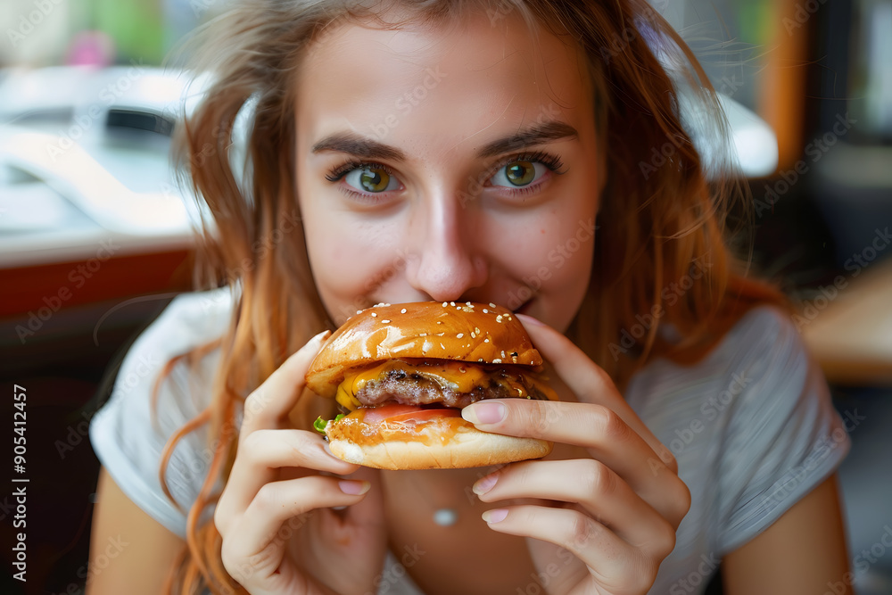 Young woman eating hamburger and looking at camera Young woman eating hamburger and looking at camera