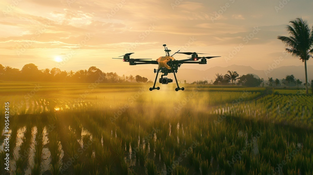 Drone Spraying Rice Paddy at Sunset Drone Spraying Rice Paddy at Sunset