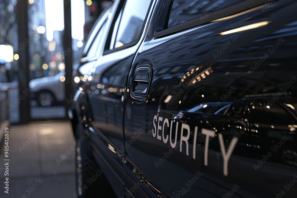Security. Security word on the armored car of police special unit. Black car Security. Security word on the armored car of police special unit. Black car