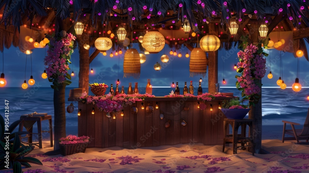 Beach kiosk decorated with hanging lights and tropical flowers, with a colorful drinks bar. generative ai Beach kiosk decorated with hanging lights and tropical flowers, with a colorful drinks bar. generative ai