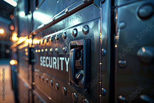 Security. Security word on the armored car of police special unit. Black car photo