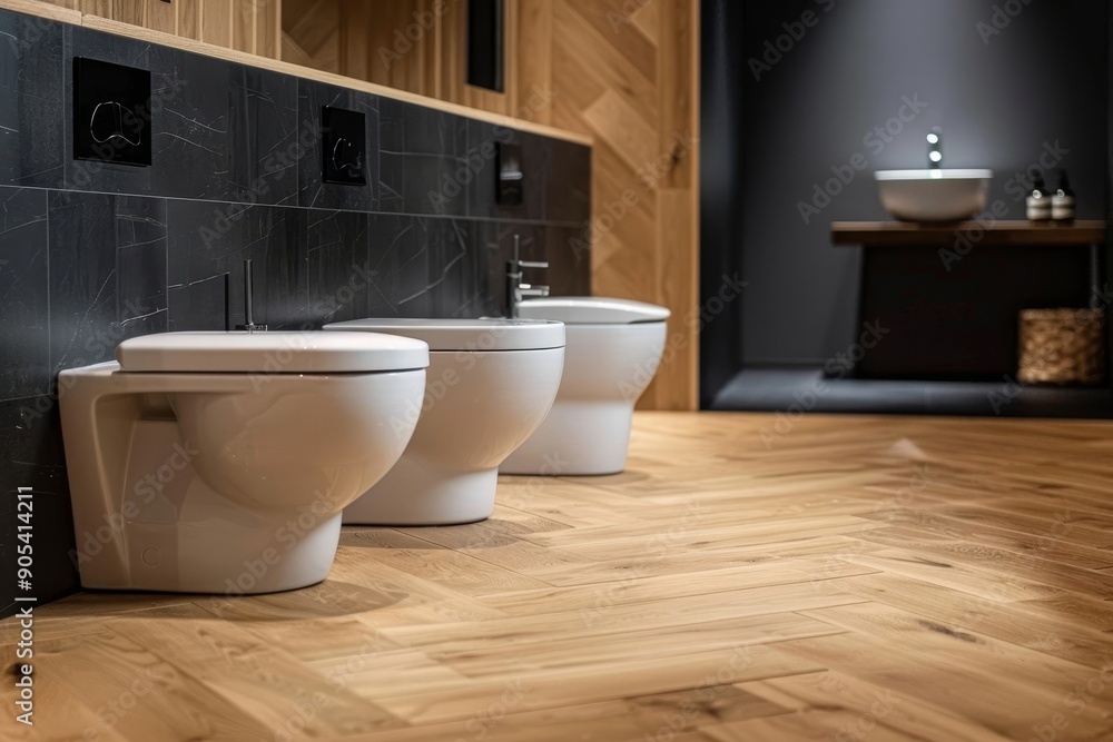 Toilet and bidet standing on parquet floor in beautiful modern bathroom with black and wooden walls, Generative AI Toilet and bidet standing on parquet floor in beautiful modern bathroom with black and wooden walls, Generative AI