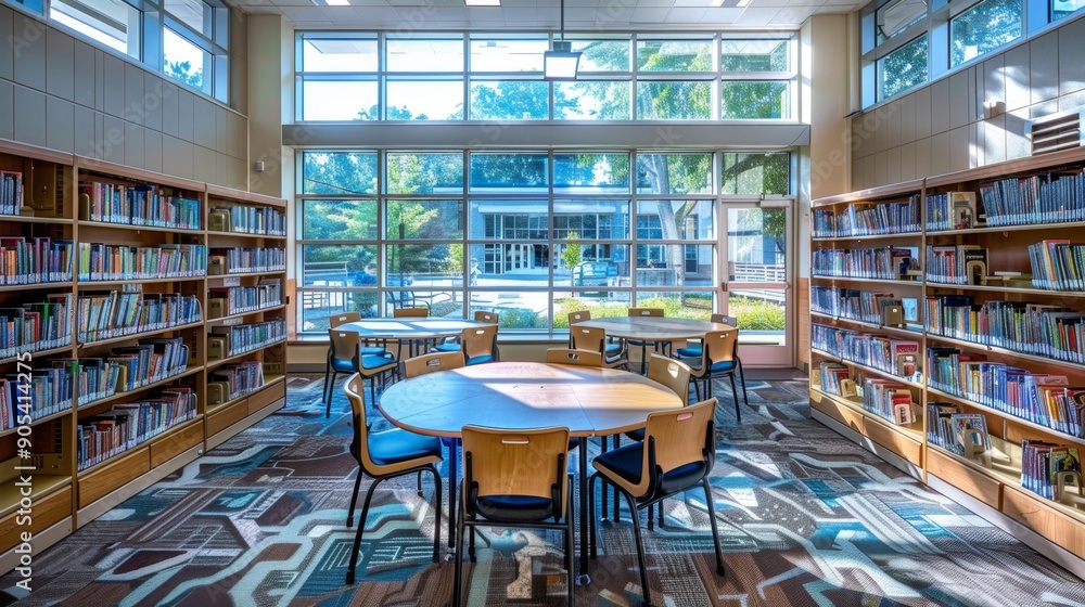 Library Reading Room with Large Windows and Bookshelves. Library Reading Room with Large Windows and Bookshelves.