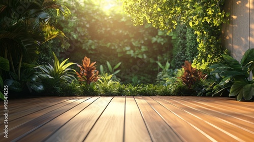 3d render empty Wooden Deck Overlooking Lush Tropical Garden, background sunlight shine on the tree
