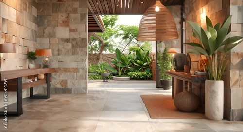 tropical cottage courtyard with concrete landscape and brick accents photo