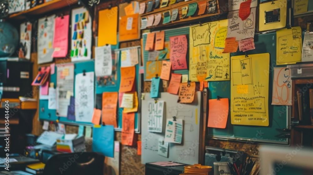 Obraz premium Colorful Notes on Bulletin Board in Office.