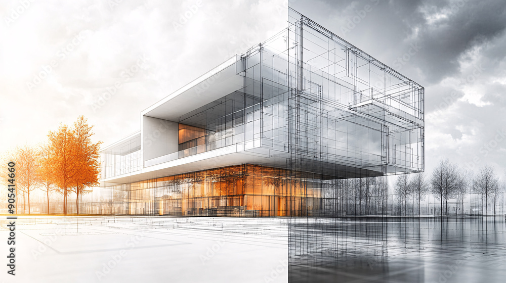 Modern architectural design blending real-life glass building with detailed blueprint, showcasing the transition from planning to completion with a dynamic contrast of cool blue tones and warm glow Modern architectural design blending real-life glass building with detailed blueprint, showcasing the transition from planning to completion with a dynamic contrast of cool blue tones and warm glow