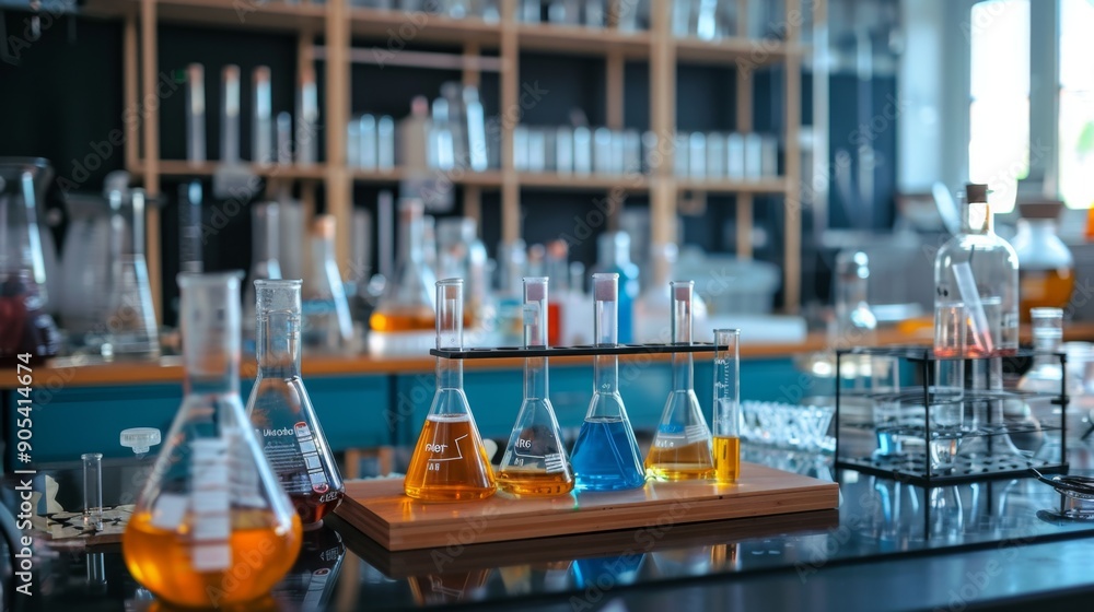 Chemistry Lab Experiment With Colorful Liquids in Flasks. Chemistry Lab Experiment With Colorful Liquids in Flasks.