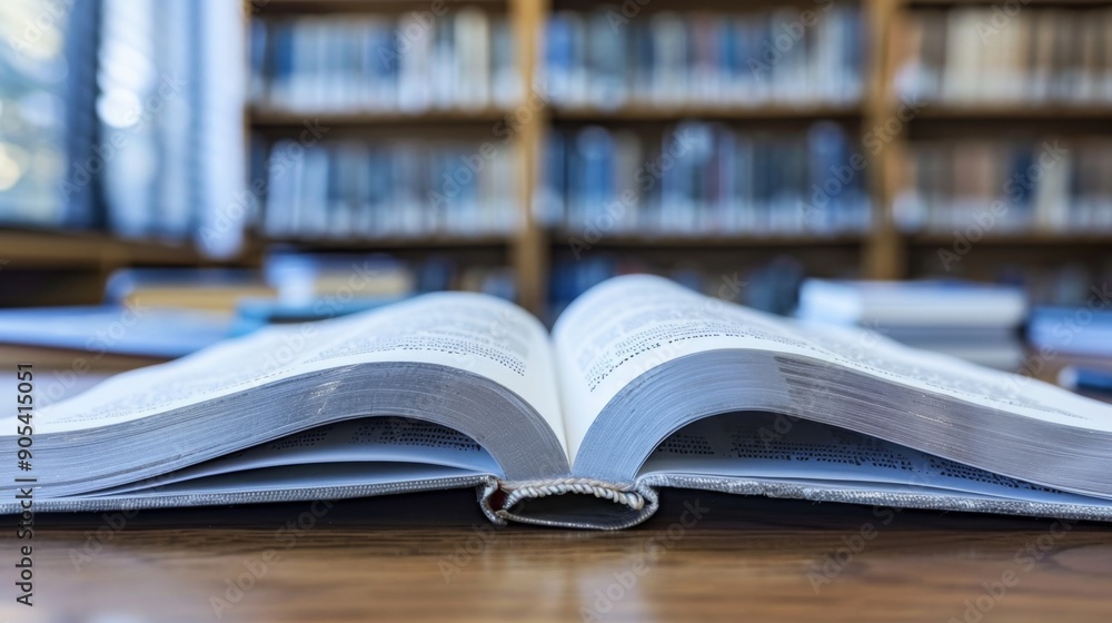 Open Book On Wooden Table With Blurred Bookshelf In Background. Open Book On Wooden Table With Blurred Bookshelf In Background.