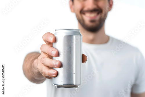 Close up attractive man smiling holding out an empty silver soda can to the camera isolated on white background