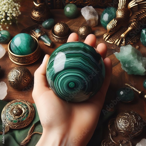 180 46 Malachite Sphere a polished sphere made of malachite beli photo