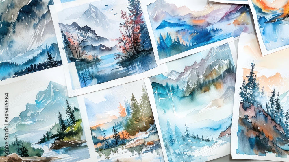 A series of watercolor paintings of landscapes with mountains, trees, and water. The paintings are all different, but they all have a similar mood of serenity and tranquility. The colors are bright A series of watercolor paintings of landscapes with mountains, trees, and water. The paintings are all different, but they all have a similar mood of serenity and tranquility. The colors are bright