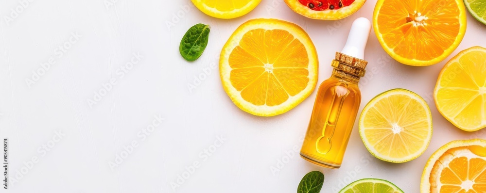 Exfoliating oil enzyme serum with fresh fruit slices, invigorating skincare, natural beauty concept Exfoliating oil enzyme serum with fresh fruit slices, invigorating skincare, natural beauty concept