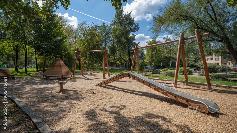 Wooden Playground Equipment in Park. Wooden Playground Equipment in Park.