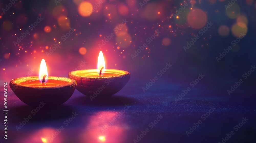 Diwali, Oil lamps on purple background Diwali, Oil lamps on purple background