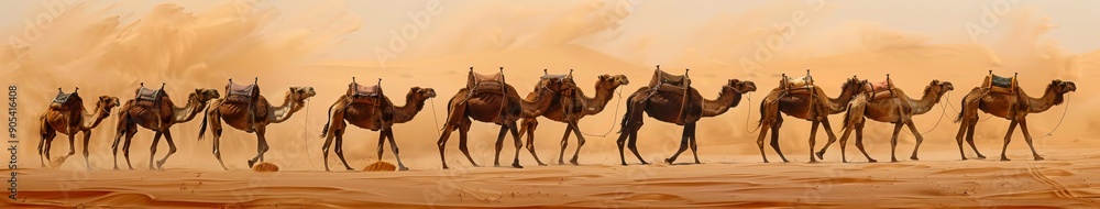 Fototapeta premium A Caravan of Camels Marching Together in a Warm Desert, Embracing the Spirit of Journey and Adventure