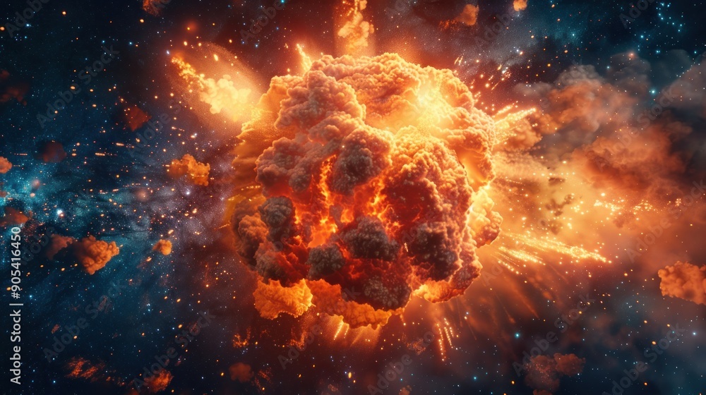 A space shot of a large explosion in the sky. The explosion is surrounded by a cloud of smoke and fire A space shot of a large explosion in the sky. The explosion is surrounded by a cloud of smoke and fire