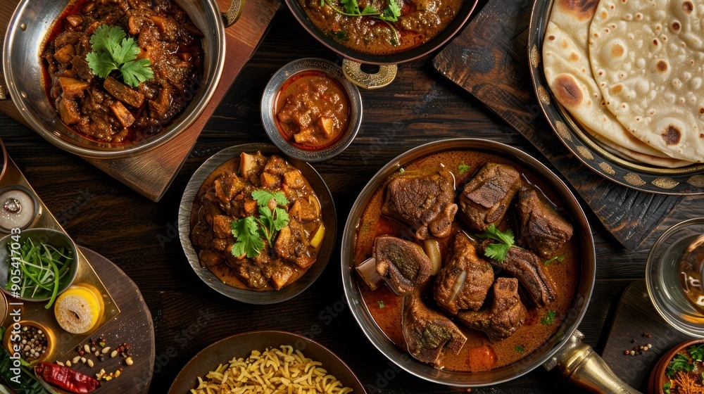 A tantalizing spread of lamb, mutton, and goat curry dishes served alongside freshly baked parathas A tantalizing spread of lamb, mutton, and goat curry dishes served alongside freshly baked parathas