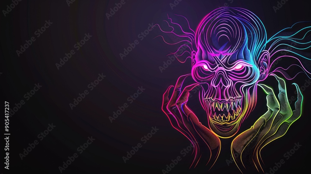 Fototapeta premium Neon colored, abstract skull, glowing in the dark. Perfect for Halloween and gothic themes with a modern twist.