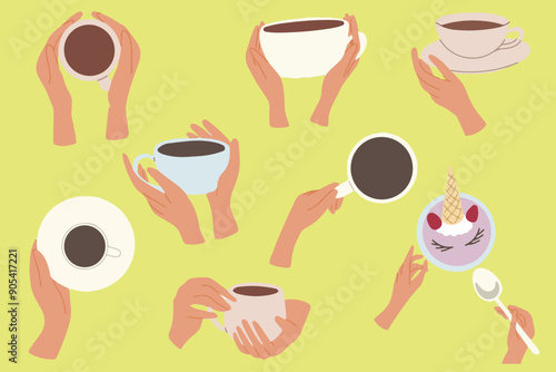 Flat set illustrations of hands holding cups. Vector icons isolated on green background.