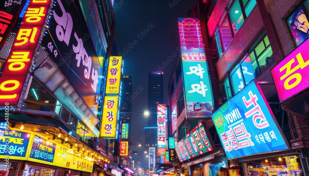 Vibrant city street at night illuminated by colorful neon signs in a bustling urban area capturing nightlife energy. Vibrant city street at night illuminated by colorful neon signs in a bustling urban area capturing nightlife energy.
