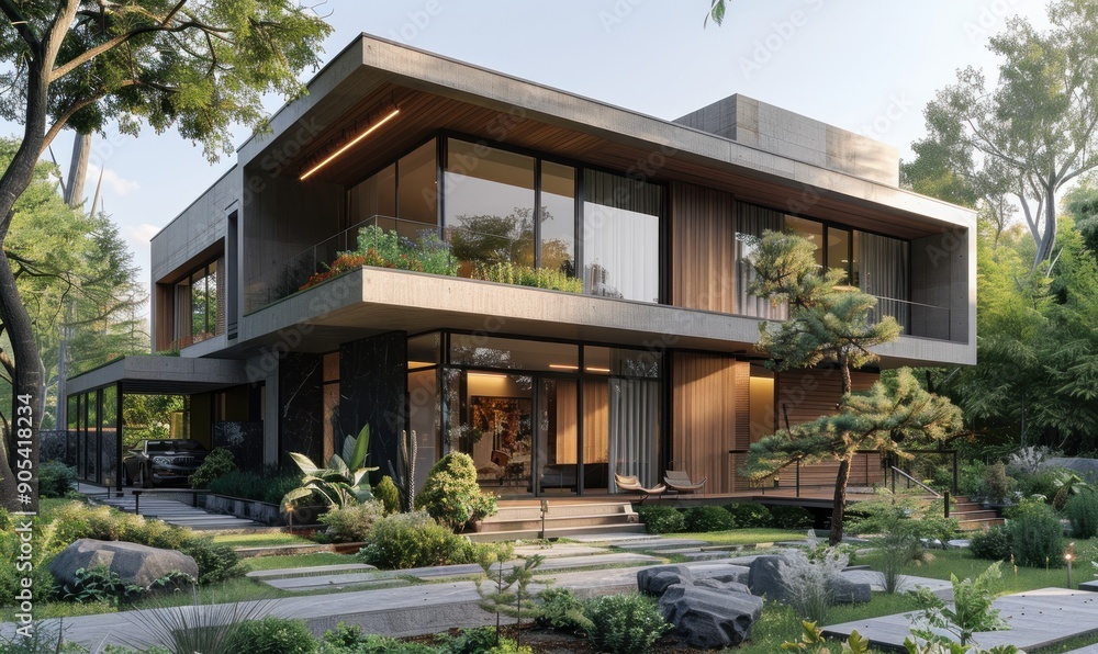 Fototapeta premium Modern Concrete Home with Lush Landscaping