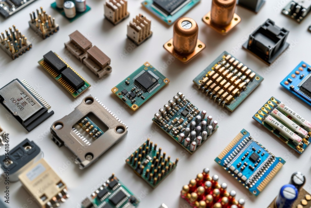 Diverse Electronic Components Assembled: A Close-up View of Microprocessors, Logic Digital Microchips, Transistors, Capacitors, Resistors, and LEDs Isolated on White. Diverse Electronic Components Assembled: A Close-up View of Microprocessors, Logic Digital Microchips, Transistors, Capacitors, Resistors, and LEDs Isolated on White.