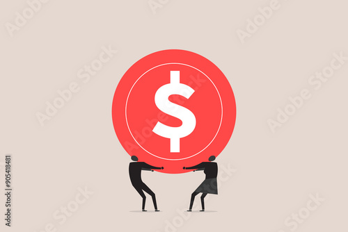 Businessman and business woman with business income and profits lifting dollar coin celebrating financial success and profitable company. concept of Economy and finances