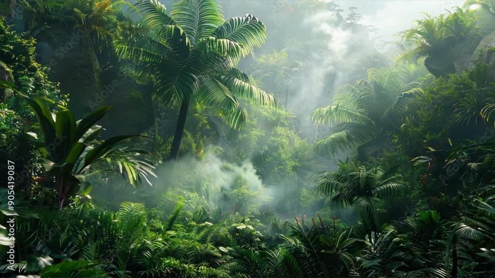 tropical rainforest with dense vegetation and mist. tropical rainforest with dense vegetation and mist.