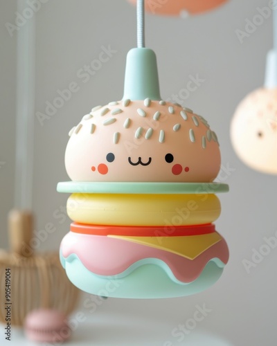 Close-up of a ceiling lamp made of burgers, inspired by a child's dream to be a chef, toy set, cute illustration
