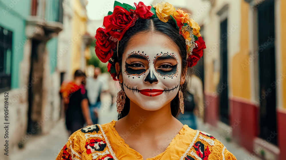 Striking Female Portrait of Dia de los Muertos La Catrina with Elegant Red Roses and Intricate Face Paint Celebrating Mexican Tradition and Culture Brainstorming Digital Art Striking Female Portrait of Dia de los Muertos La Catrina with Elegant Red Roses and Intricate Face Paint Celebrating Mexican Tradition and Culture Brainstorming Digital Art