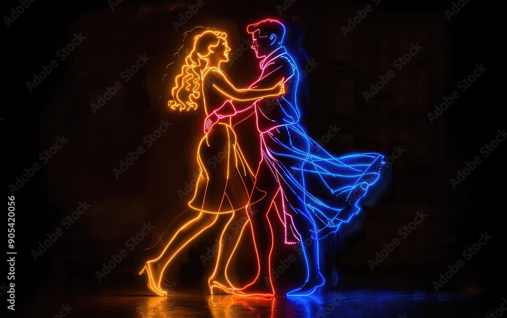 Vibrant neon light outlines of a couple dancing gracefully, creating a lively and colorful visual display on a dark background. Vibrant neon light outlines of a couple dancing gracefully, creating a lively and colorful visual display on a dark background.