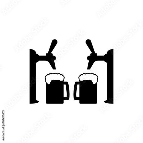 Beer pump with tap and handle. Pouring in beer mug. Vector illustration on white background.