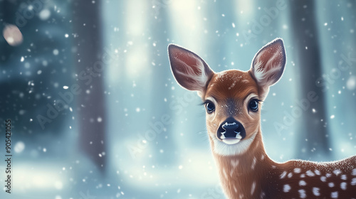 Digital illustration of a young deer in a snowy forest. Winter wildlife scene. Christmas and nature concept. Suitable for greeting card, invitation, poster, and digital art design.